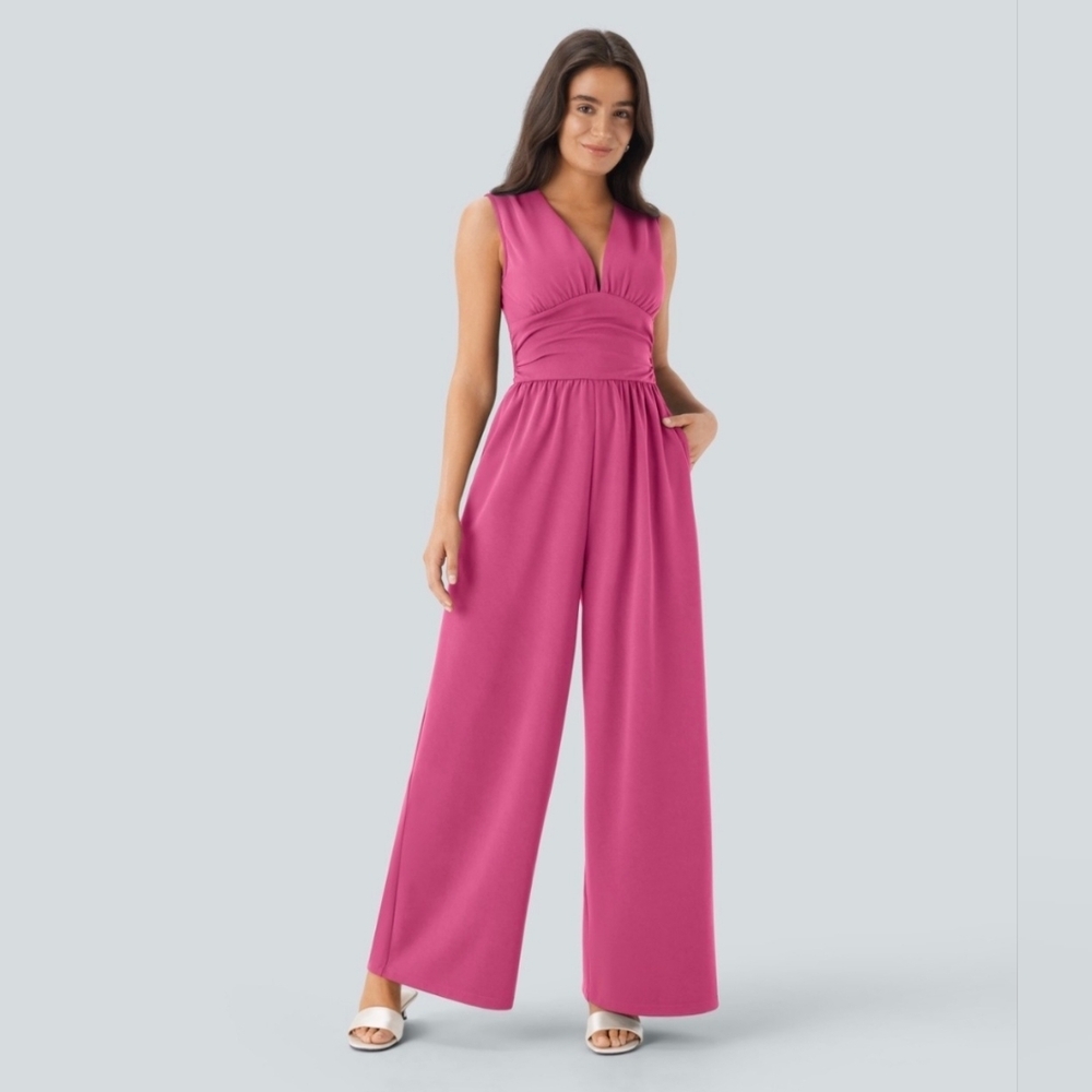 Halara SculptKnit V-Neck Sleeveless Ruched Pocket Easy Peezy Jumpsuit Size XL